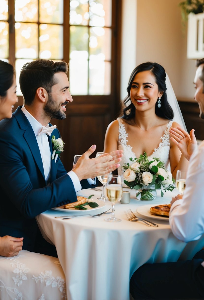 A couple sits at a cozy table, discussing wedding ceremony preferences. They gesture and smile as they share tips and ideas