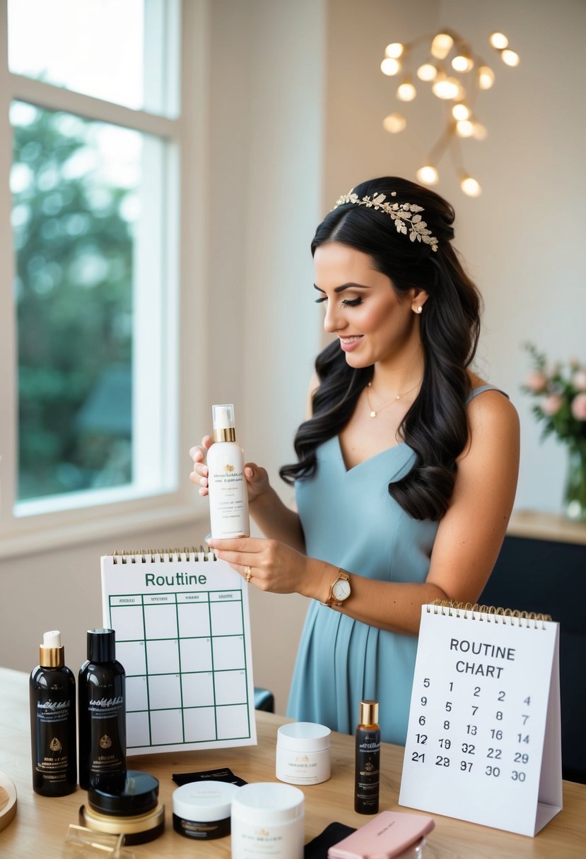 A woman carefully selects hair products and accessories, creating a routine chart, with a calendar counting down to the wedding day