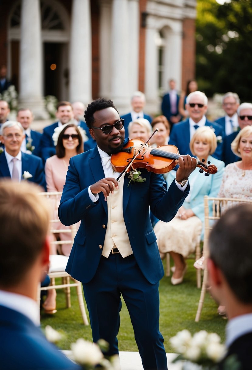 A musician performs at a civil wedding, surrounded by guests