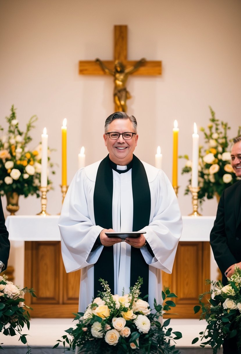 An officiant standing at the altar, surrounded by flowers and candles, with a warm and inviting expression