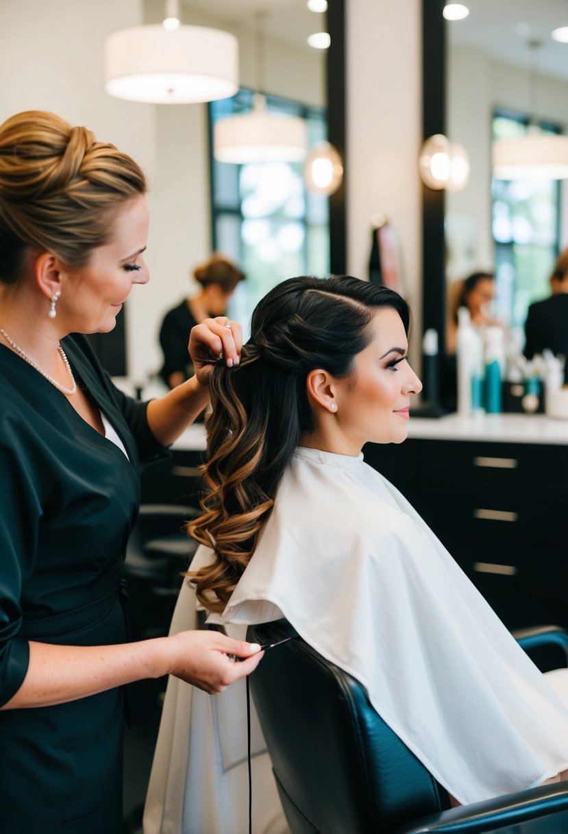 A bride sitting in a salon chair while a stylist works on her hair, trying different styles for her upcoming wedding day