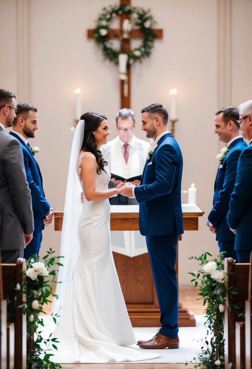 A bride and groom stand at the altar, exchanging personalized vows. The ceremony is filled with love and emotion