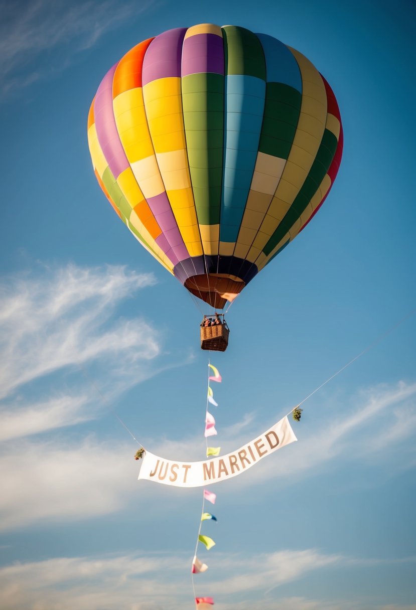 A colorful hot air balloon soaring into the sky with a "Just Married" banner trailing behind