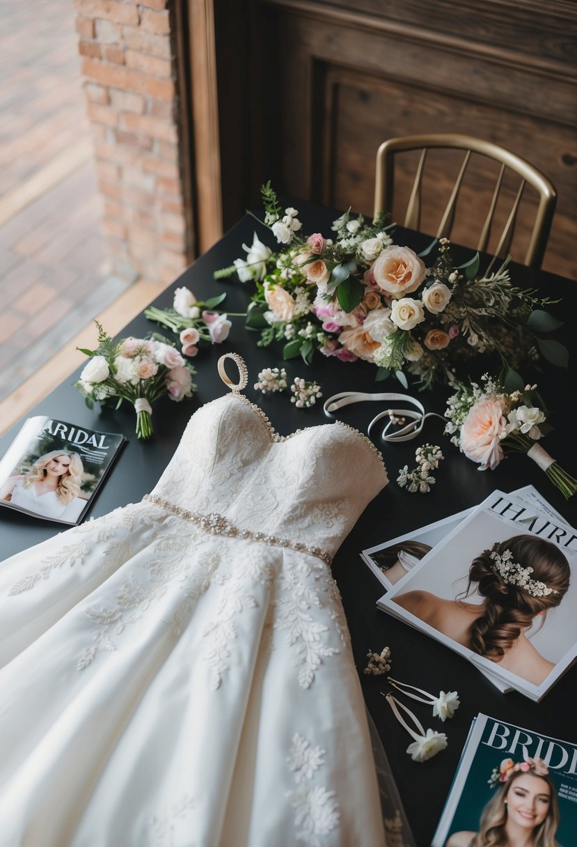 A bride's dress and hair accessories laid out on a table, with floral and hair inspiration magazines scattered around