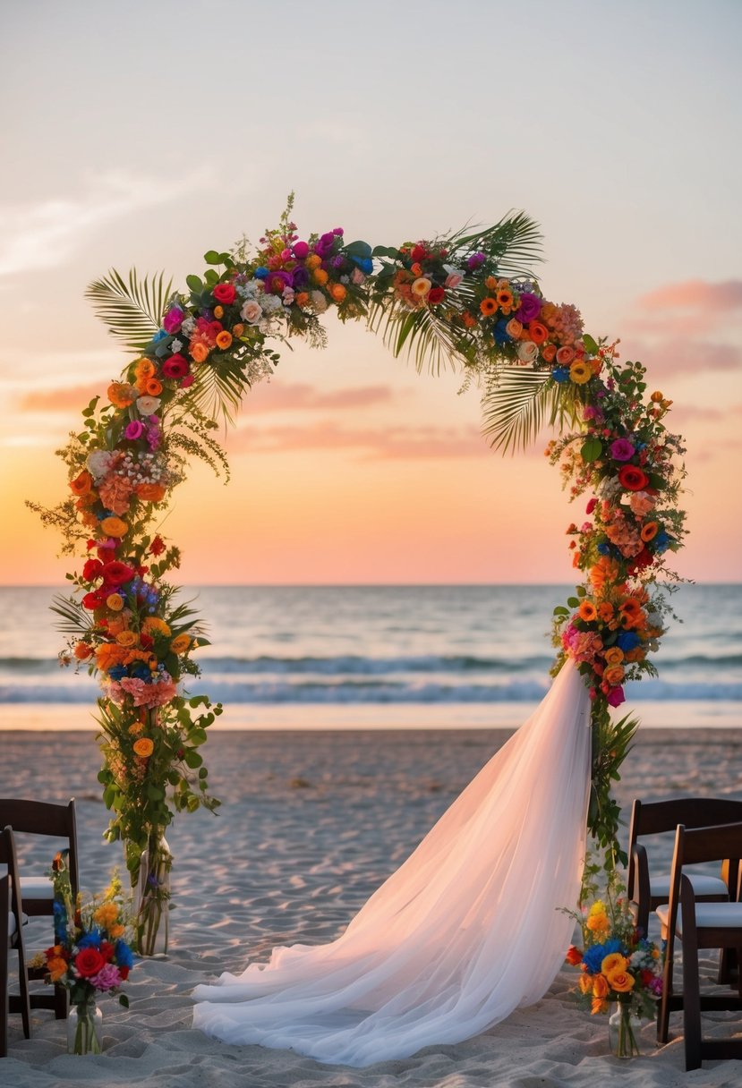 A beach wedding with colorful flowers, flowing fabric, and a romantic sunset