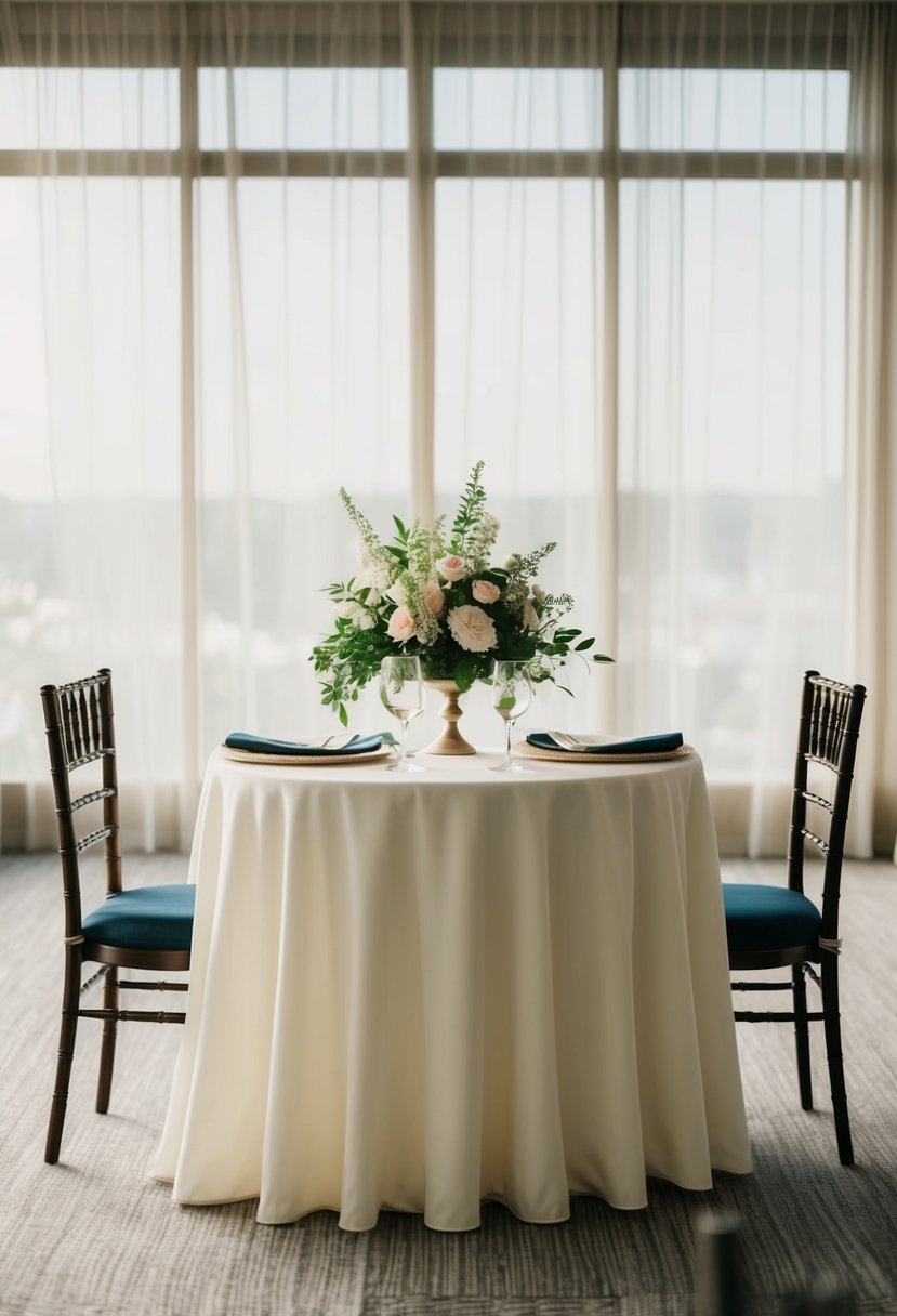 A simple, elegant table setting with a floral centerpiece and two empty chairs, set for a civil wedding ceremony