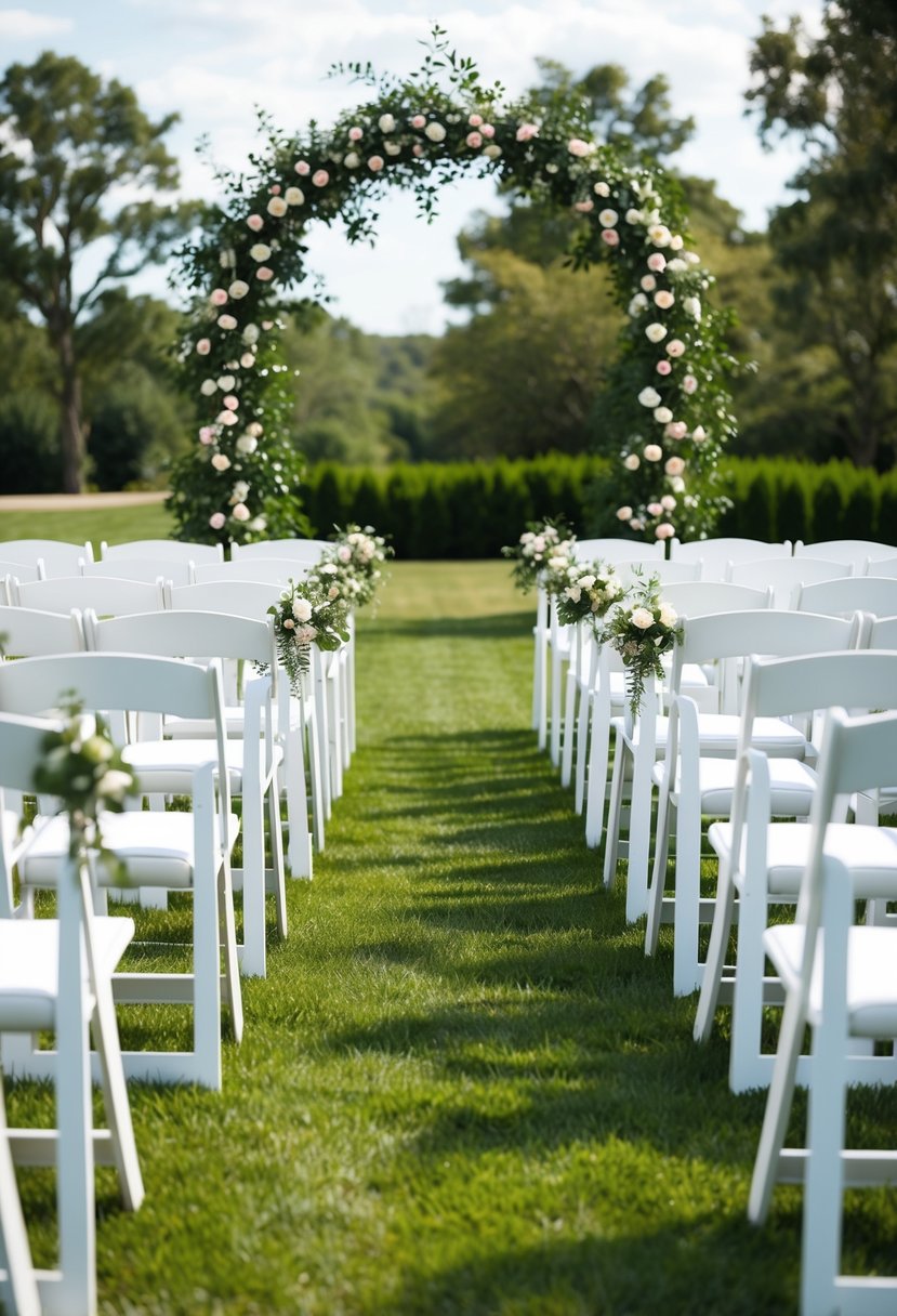 An outdoor wedding ceremony with rows of white chairs arranged in a semi-circle facing an arch adorned with flowers and greenery