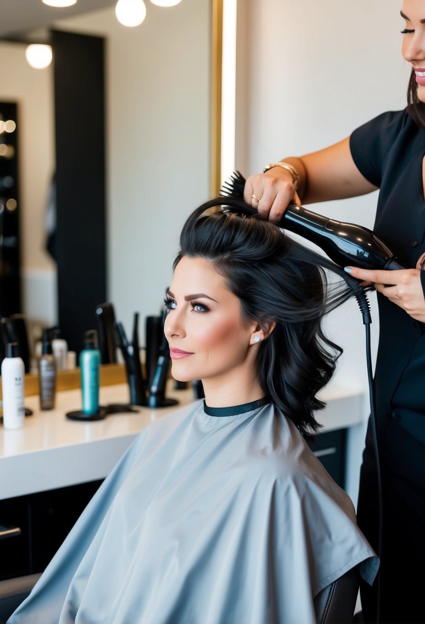 A woman sitting in a salon chair, hair being blown out by a stylist, with hair tools and products on the counter