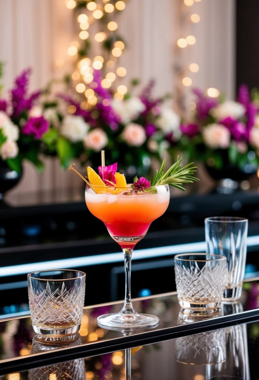 A colorful cocktail with a decorative garnish sits on a sleek bar counter, surrounded by elegant glassware and a backdrop of soft lighting and floral arrangements