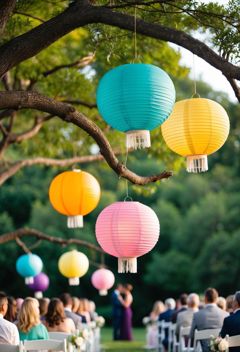 A serene outdoor wedding ceremony with colorful paper lanterns hanging from tree branches, creating a whimsical and romantic atmosphere