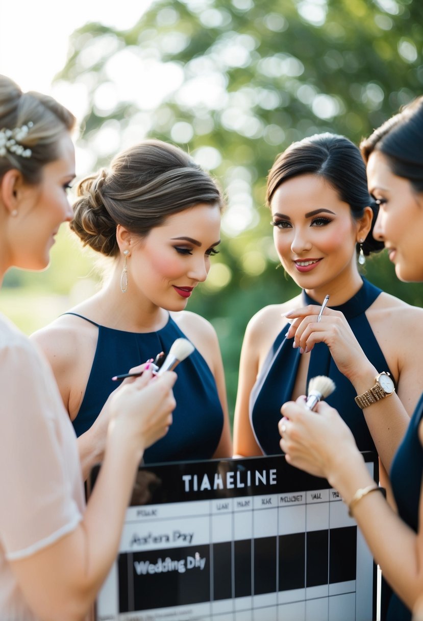 Makeup and photography teams discuss wedding day hair tips on a timeline