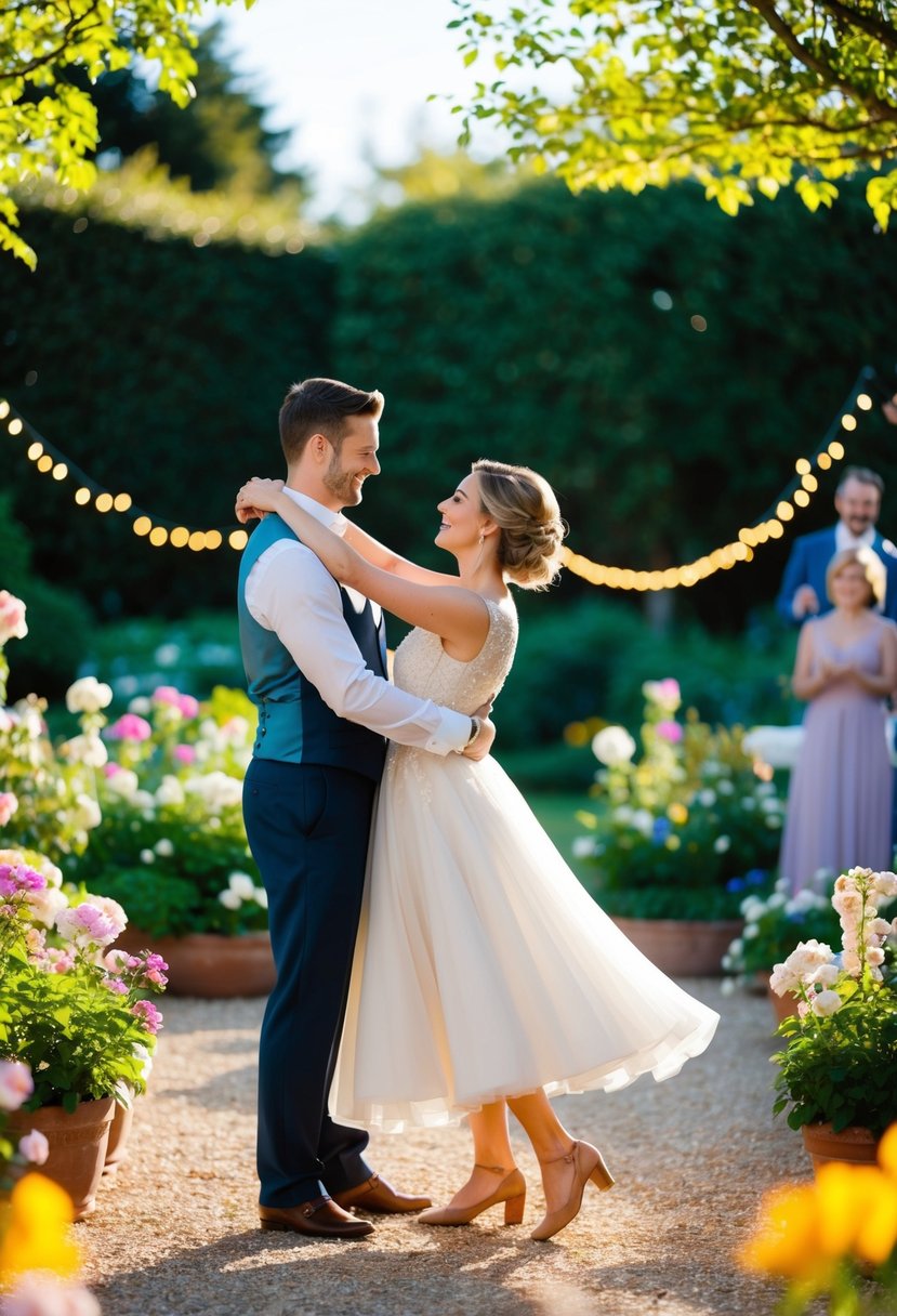 A couple dances in a sunlit garden, surrounded by blooming flowers and twinkling lights, as soft music plays in the background