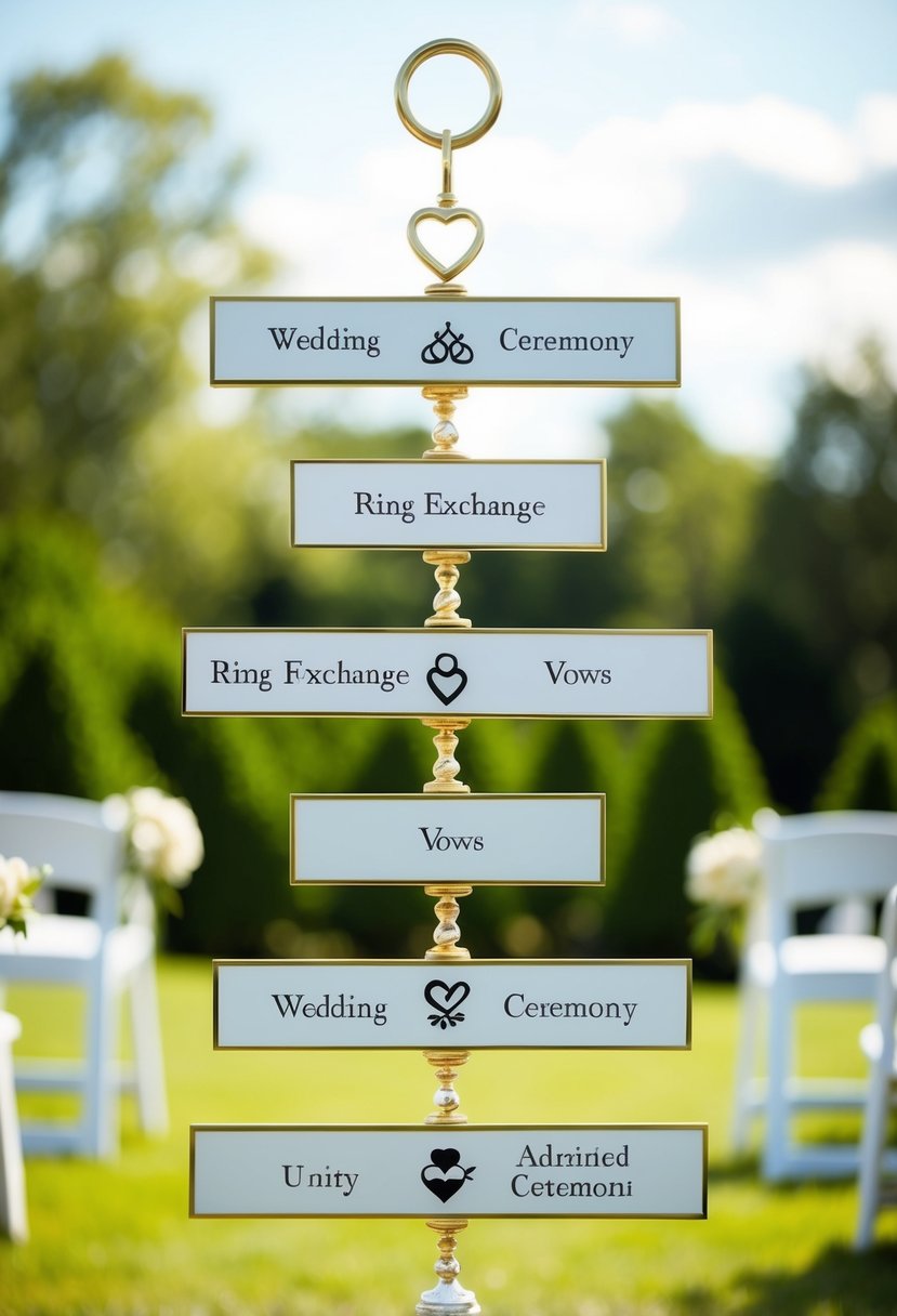 A timeline with symbols representing different stages of a wedding ceremony, such as a ring exchange, vows, and unity ceremony, displayed in a linear fashion