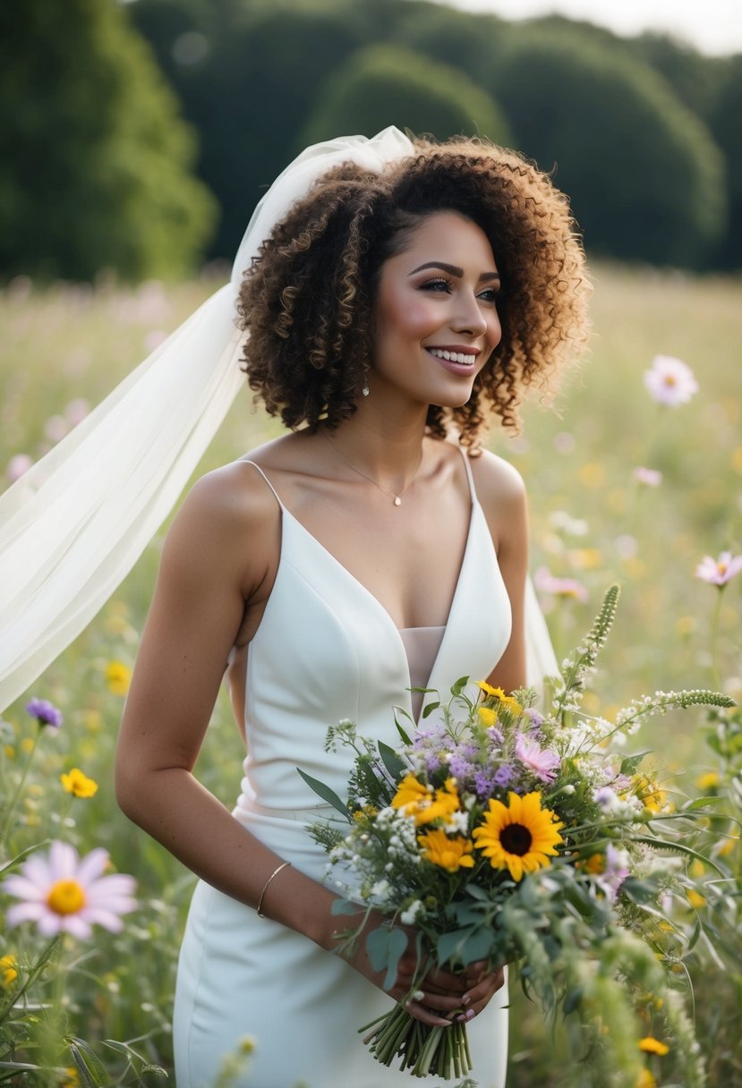 A bride with curly hair surrounded by wildflowers and flowing fabric, embracing her natural texture on her wedding day