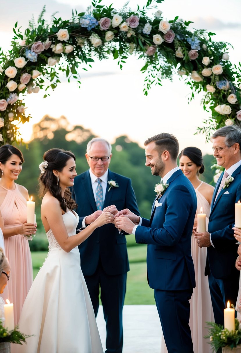 A bride and groom exchange rings under a floral arch, surrounded by family and friends holding candles. A traditional wedding ceremony is being performed