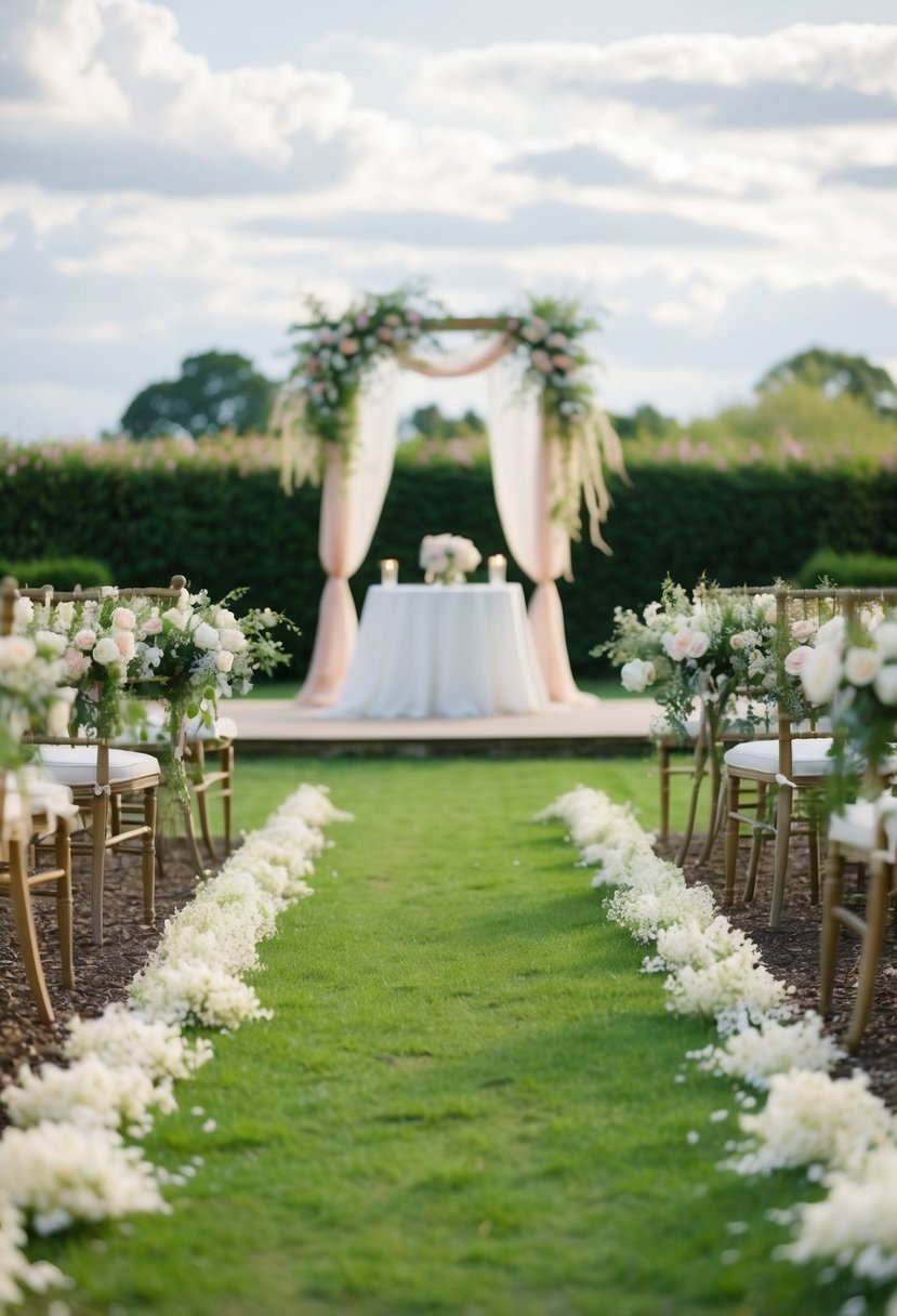 A serene garden path with blooming flowers and a gentle breeze, leading to a picturesque wedding altar adorned with flowing fabric and delicate decorations