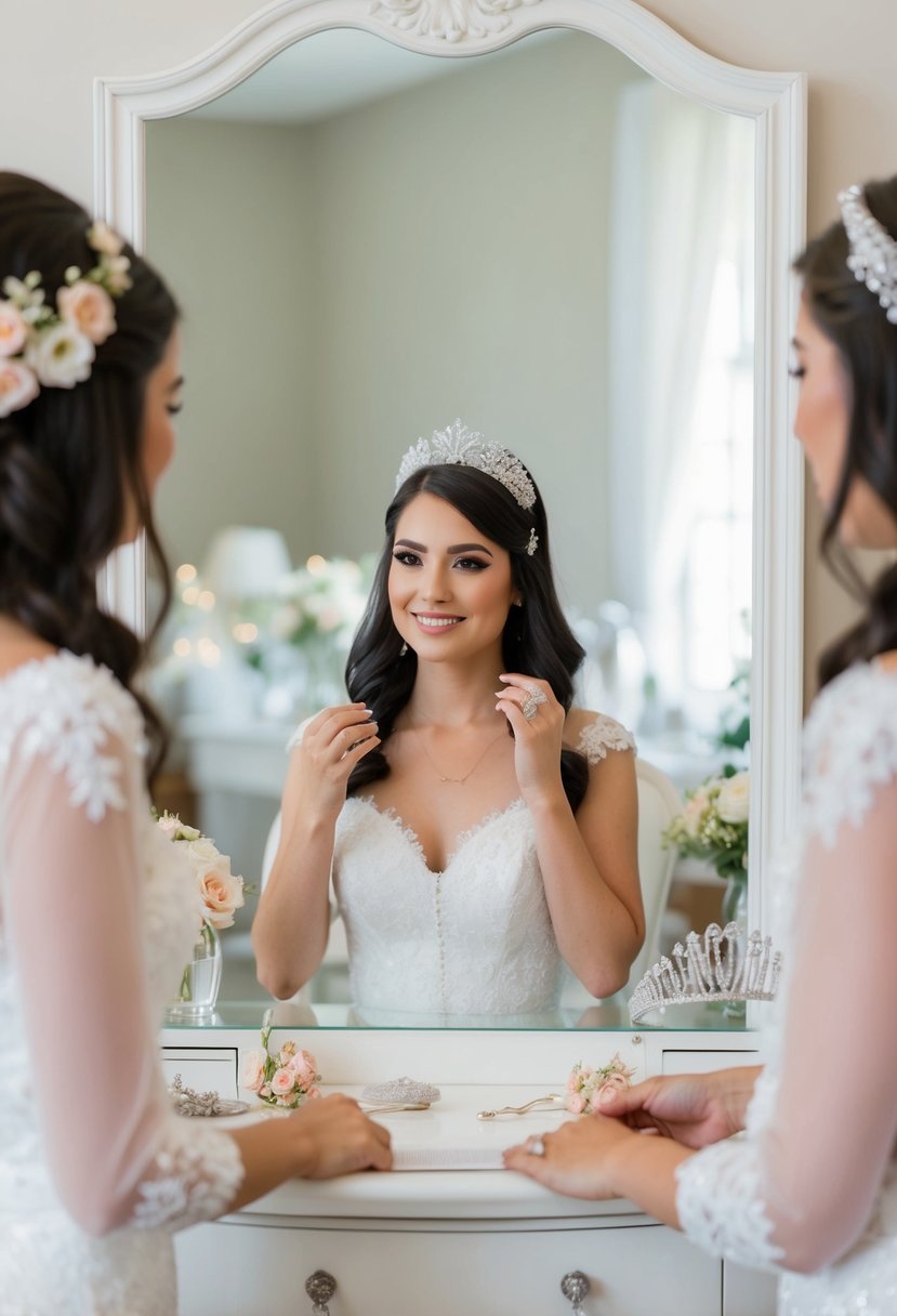 A bride sits at a vanity, choosing between delicate floral hairpins and a sparkling tiara for her wedding day