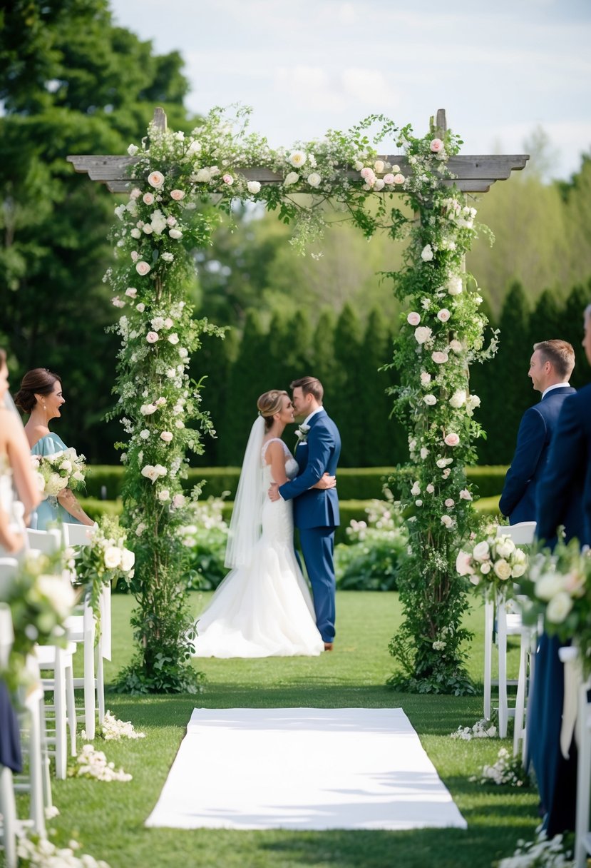 A flower-entwined trellis stands as the focal point of a classic wedding ceremony, surrounded by lush greenery and delicate blooms