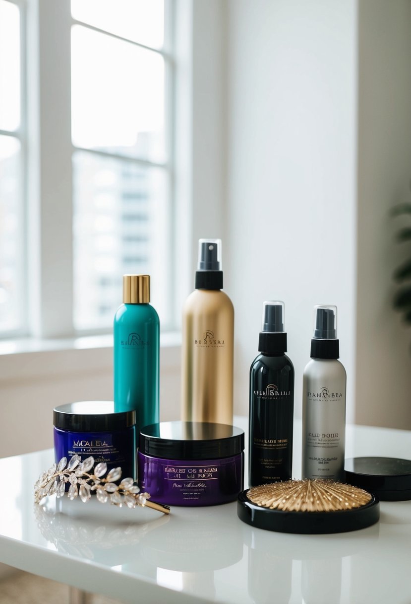 Various hair styling products arranged on a clean, well-lit surface with a bridal hair accessory nearby