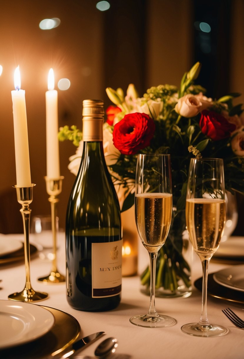 A candlelit dinner table with a bottle of wine, two champagne flutes, and a bouquet of flowers