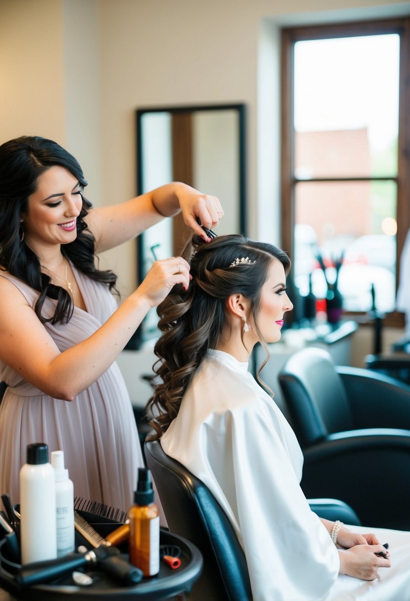 A bride sitting in a chair, surrounded by hairstyling tools and products. The hairstylist is working on her hair, creating a beautiful wedding hairstyle