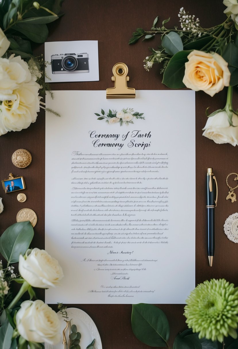 A beautifully decorated ceremony script with a pen and some personal mementos scattered around