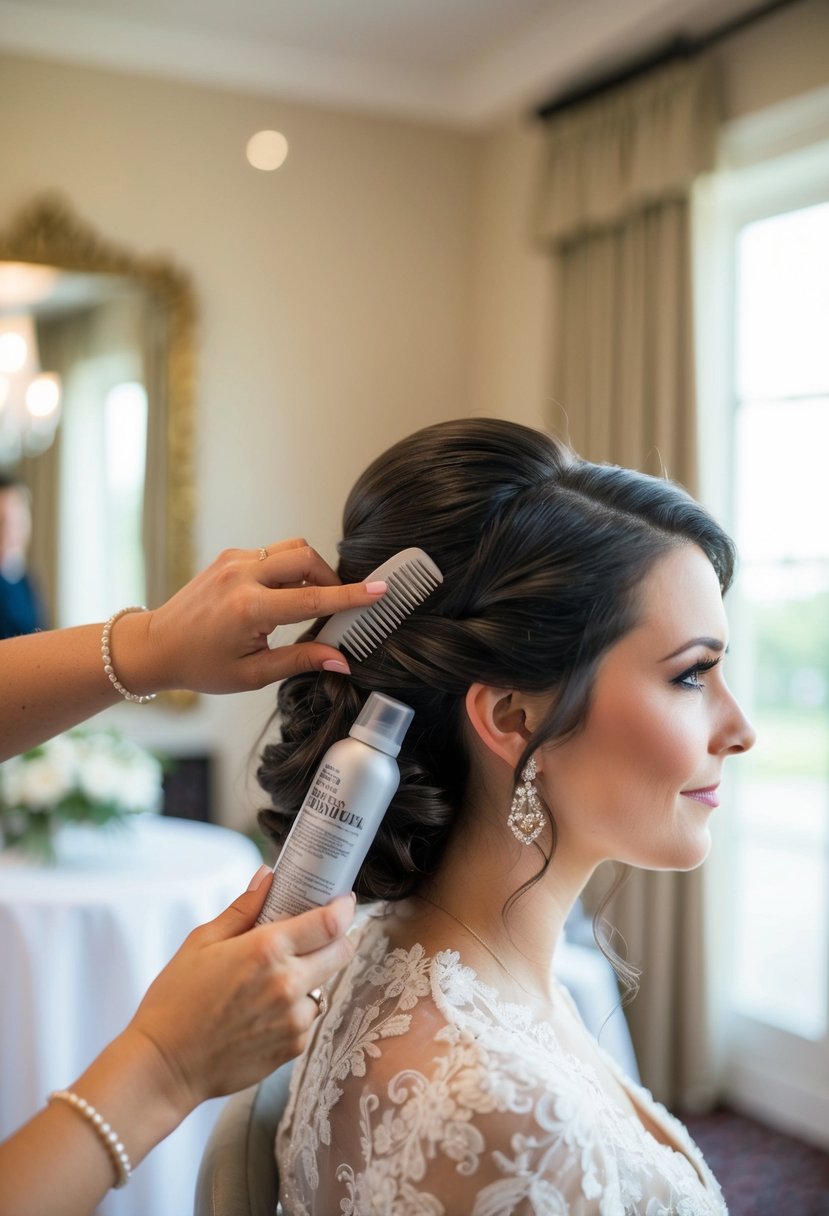 A bride's hair being gently touched up with a comb and hairspray at a wedding venue