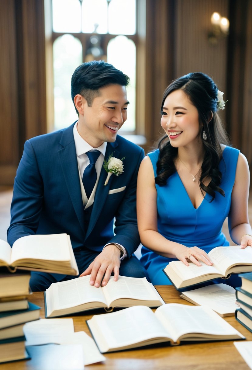 A couple sits together, surrounded by open books and papers. They smile as they select readings for their wedding ceremony