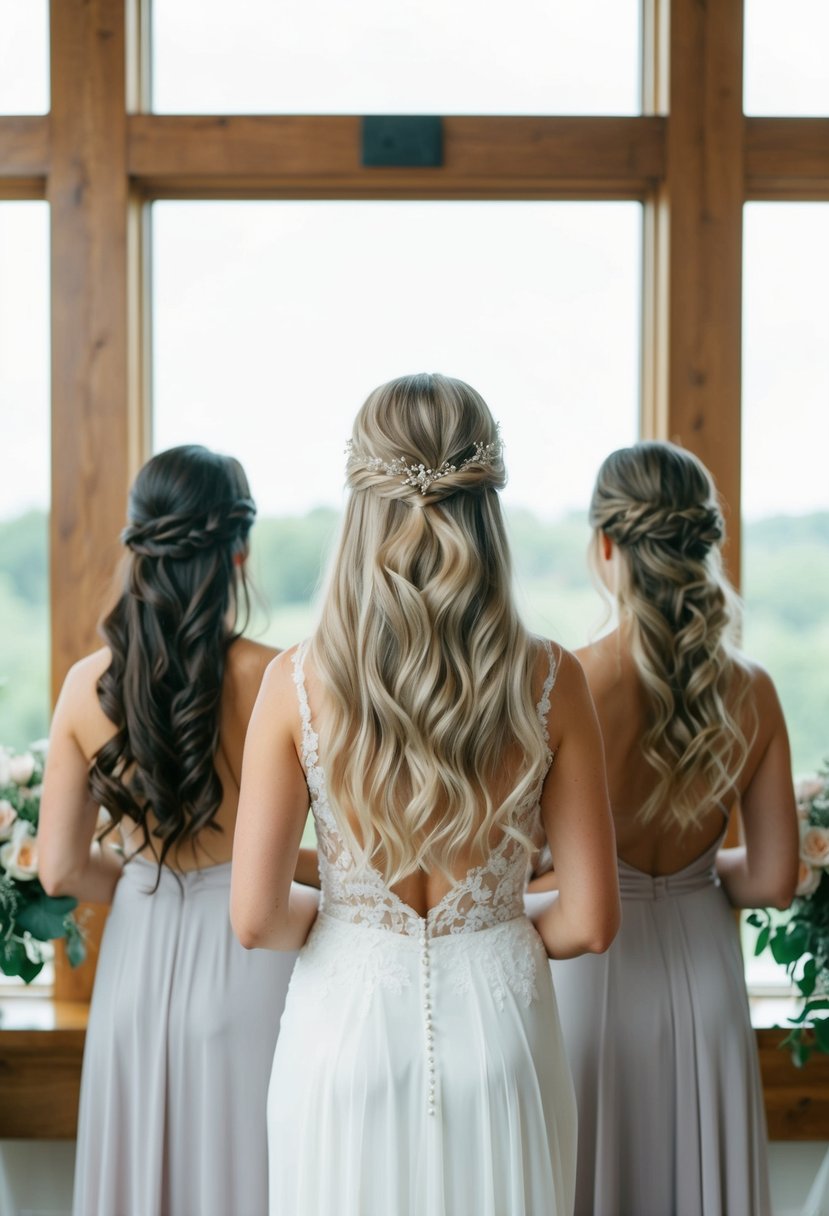 A bride with long, flowing hair considers various wedding day hairstyle options, from elegant updos to loose, romantic waves