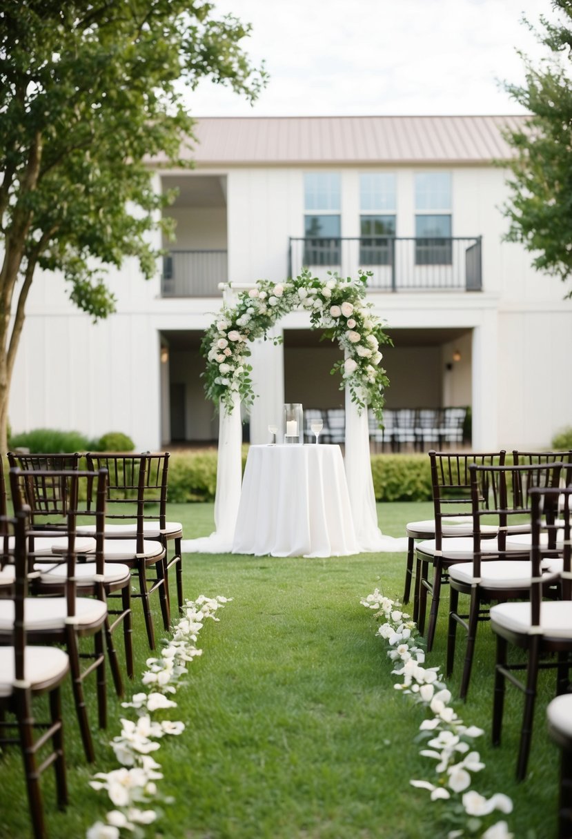 A serene outdoor wedding ceremony setting with a secondary indoor location in the background, featuring a decorated arch and seating arrangement