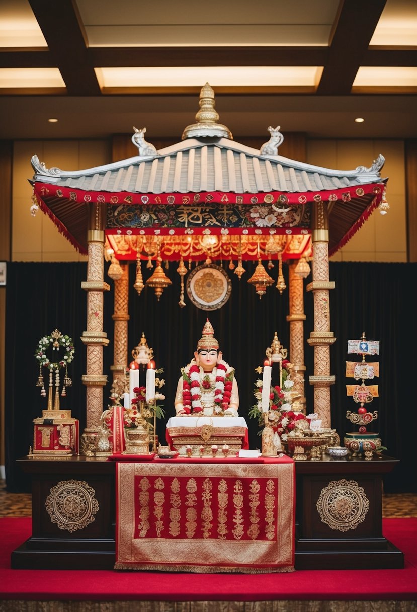 A traditional wedding altar adorned with cultural symbols and artifacts from the couple's heritage