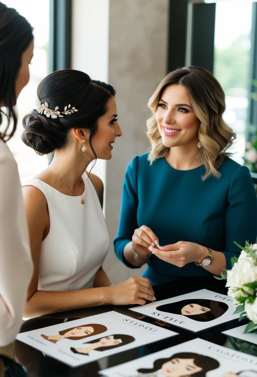 A stylist and client discussing wedding day hair, with various hairstyle examples and face shape illustrations on a table