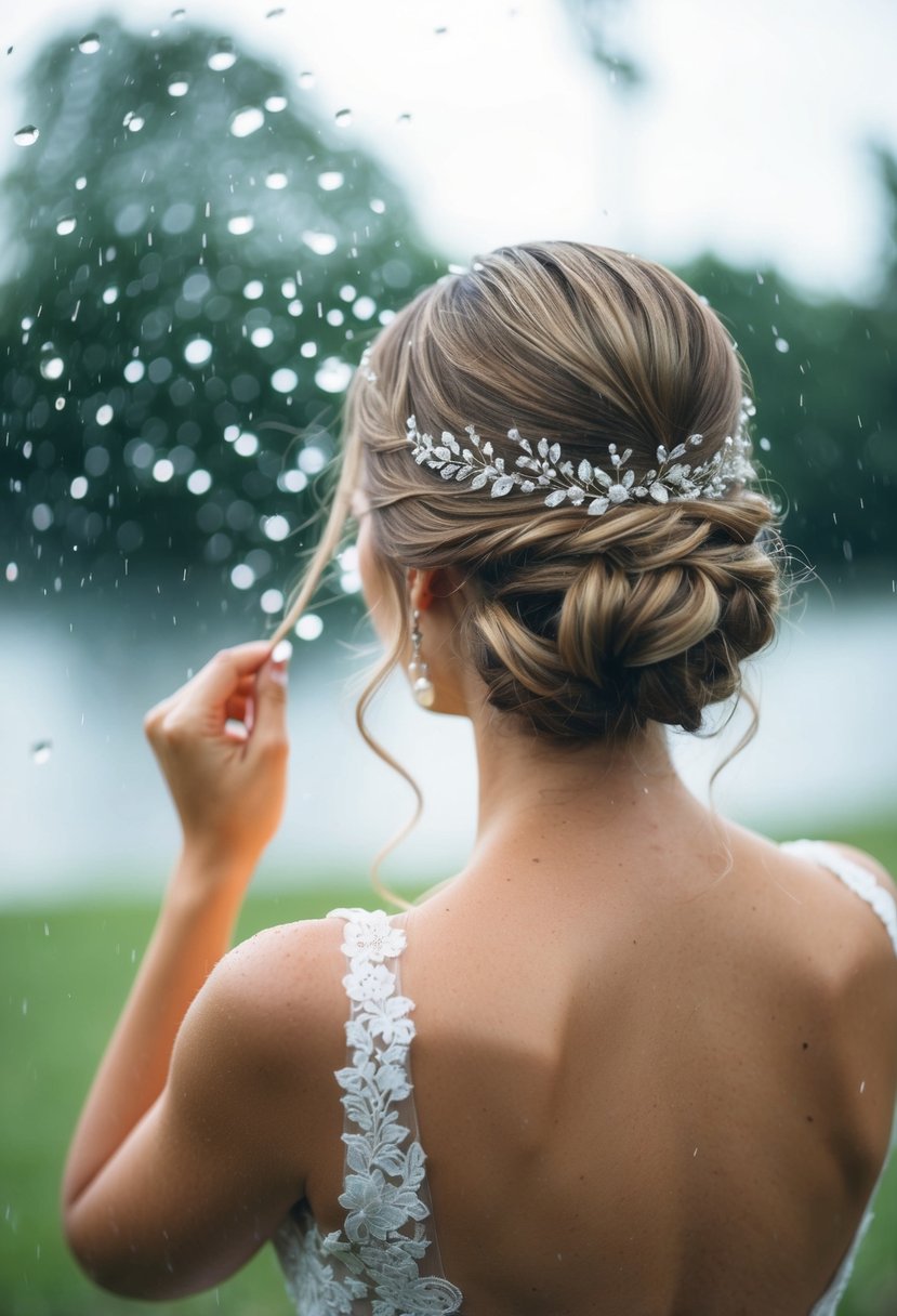 A woman's hairstyle holds up in sun, wind, and rain on her wedding day