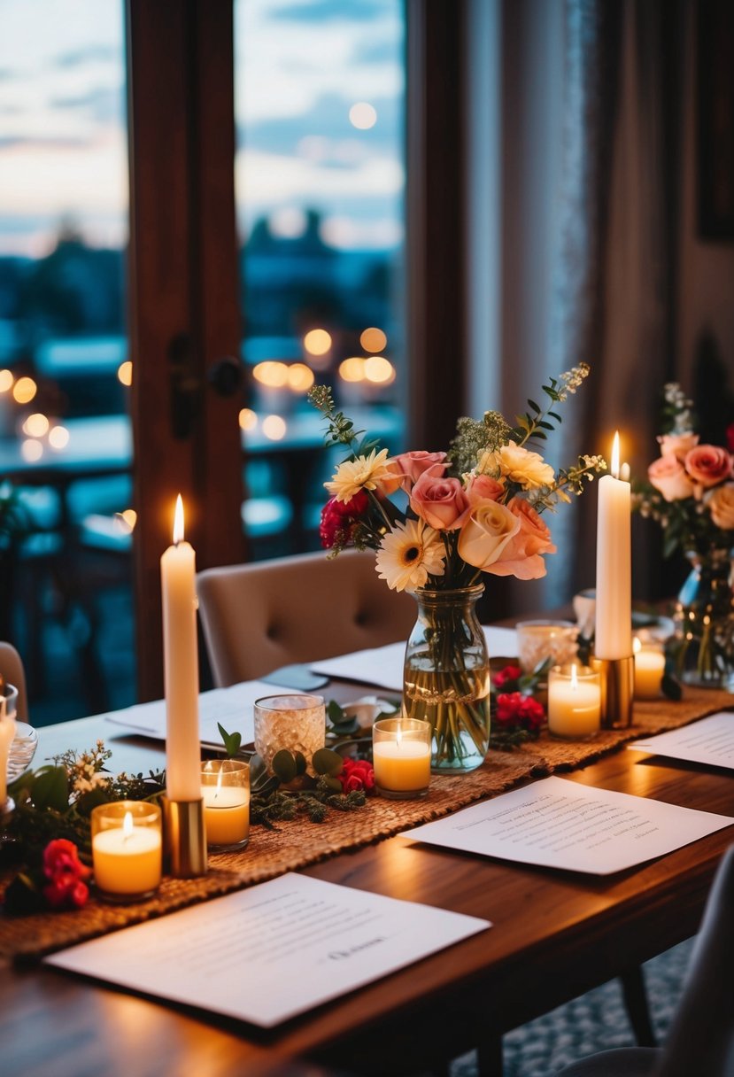 A cozy table set with candles, flowers, and love letters