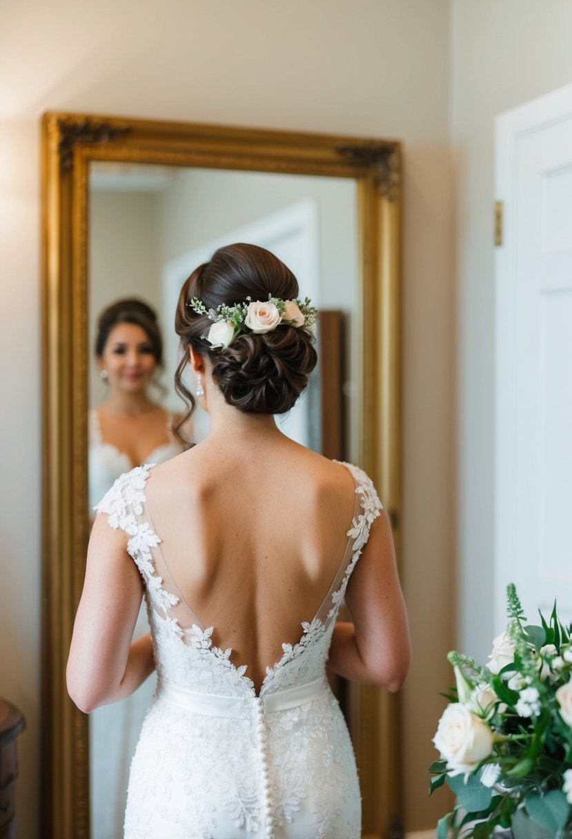 A woman with elegant updo, adorned with flowers, stands in front of a mirror, preparing for a formal wedding