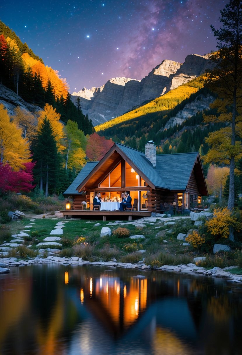 A cozy cabin nestled in the mountains, surrounded by colorful autumn foliage and a serene lake, with a couple enjoying a romantic dinner under the stars