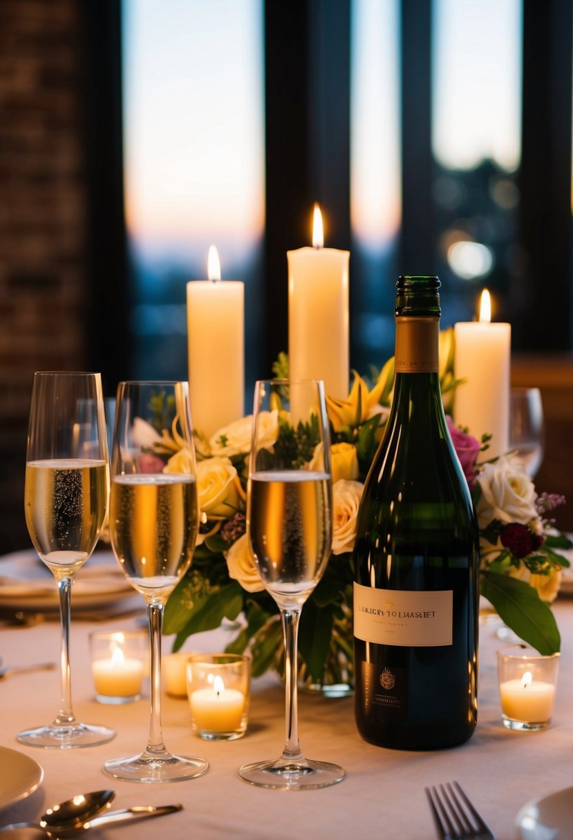 A candlelit dinner table with a bouquet of flowers, a bottle of wine, and two champagne flutes