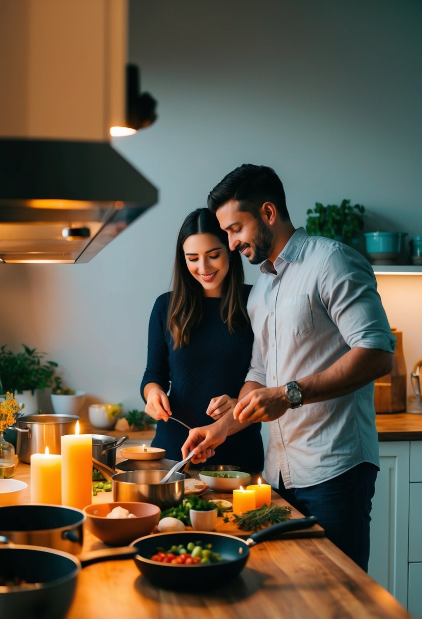 A couple preparing a candlelit dinner together, surrounded by pots, pans, and fresh ingredients on a kitchen counter