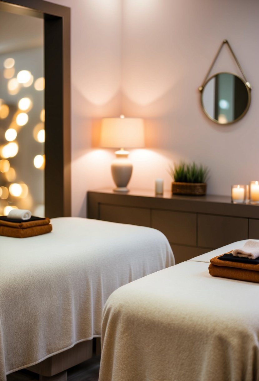 A serene spa setting with two massage tables, soft lighting, and calming decor