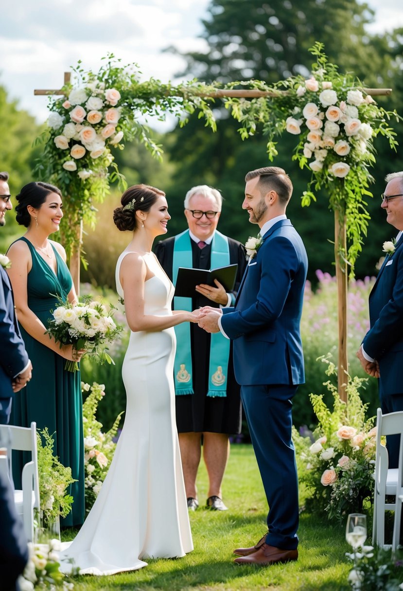 A couple standing in a garden, surrounded by flowers and greenery, exchanging vows with an officiant and guests in attendance