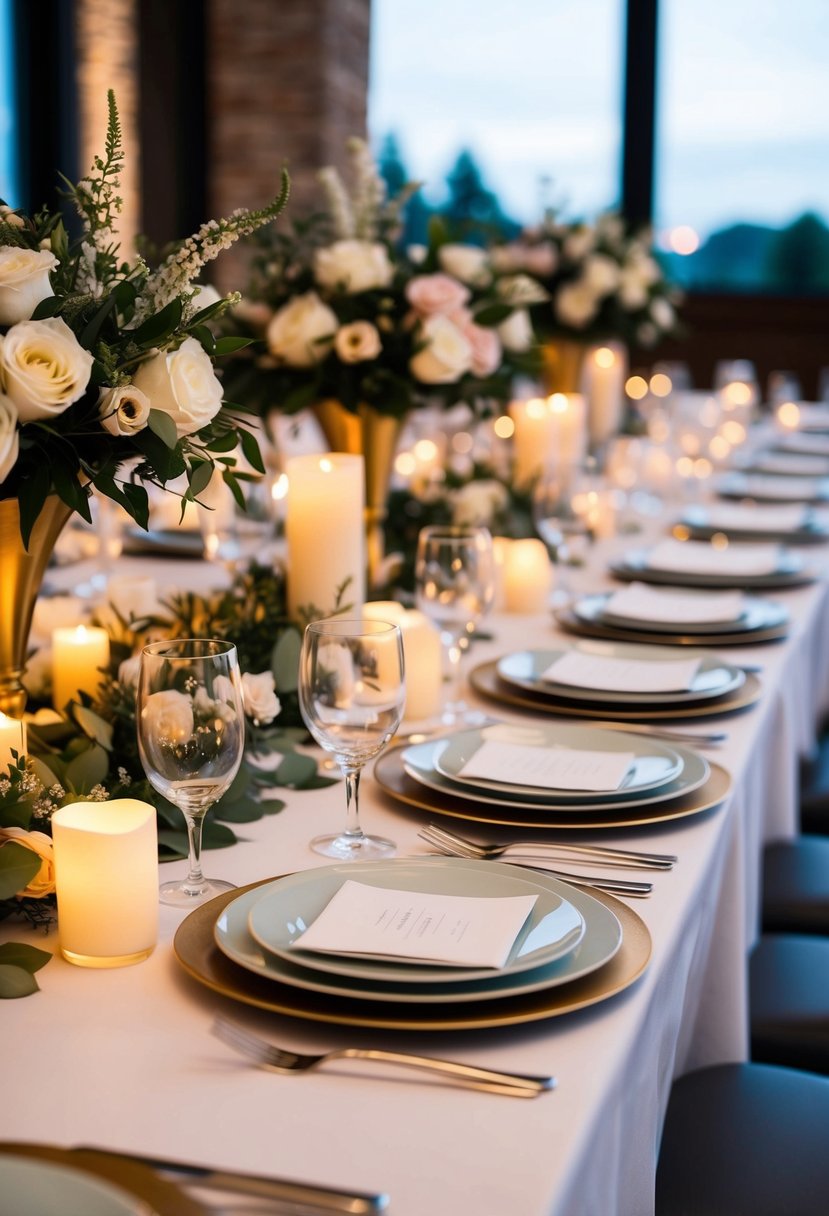 A beautifully set table with elegant place settings, floral centerpieces, and soft candlelight creating a romantic ambiance for a wedding dinner