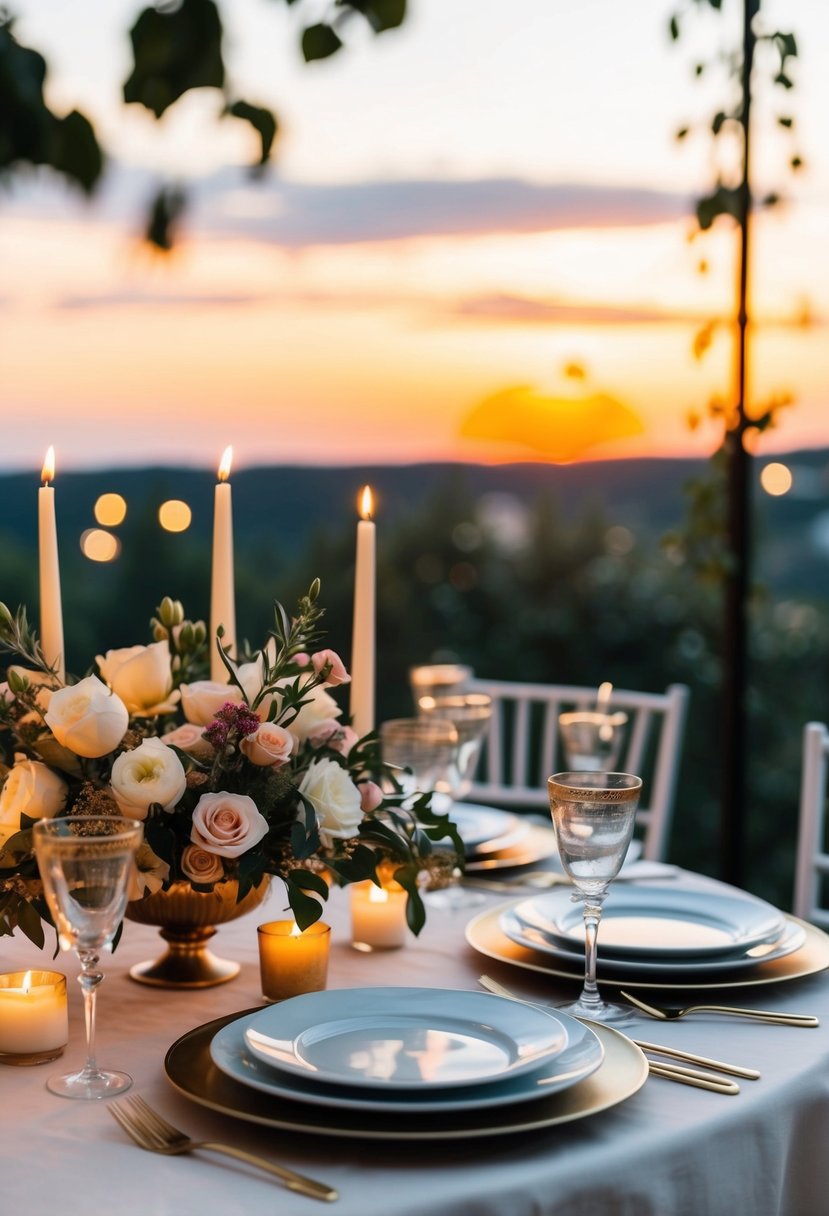 A table set with elegant dinnerware and a bouquet of flowers, framed by soft candlelight and a sunset backdrop