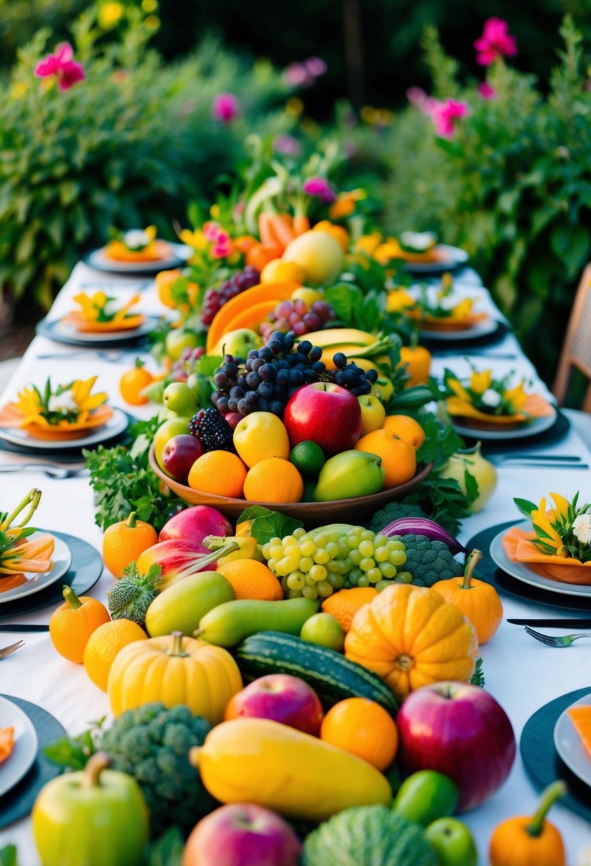 A bountiful table adorned with vibrant, seasonal fruits and vegetables, surrounded by lush greenery and colorful flowers