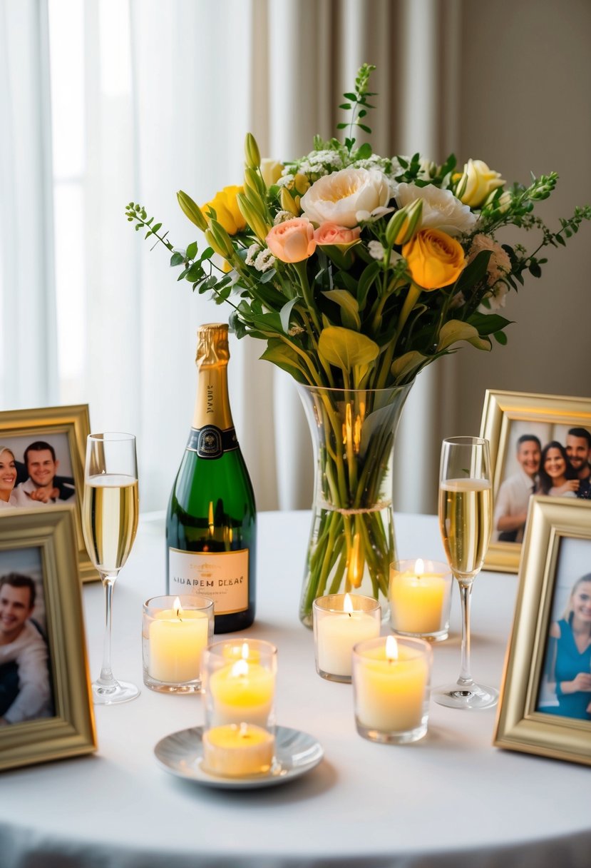 A table set with a vase of fresh flowers, flickering candles, and a bottle of champagne on ice, surrounded by framed photos of happy memories