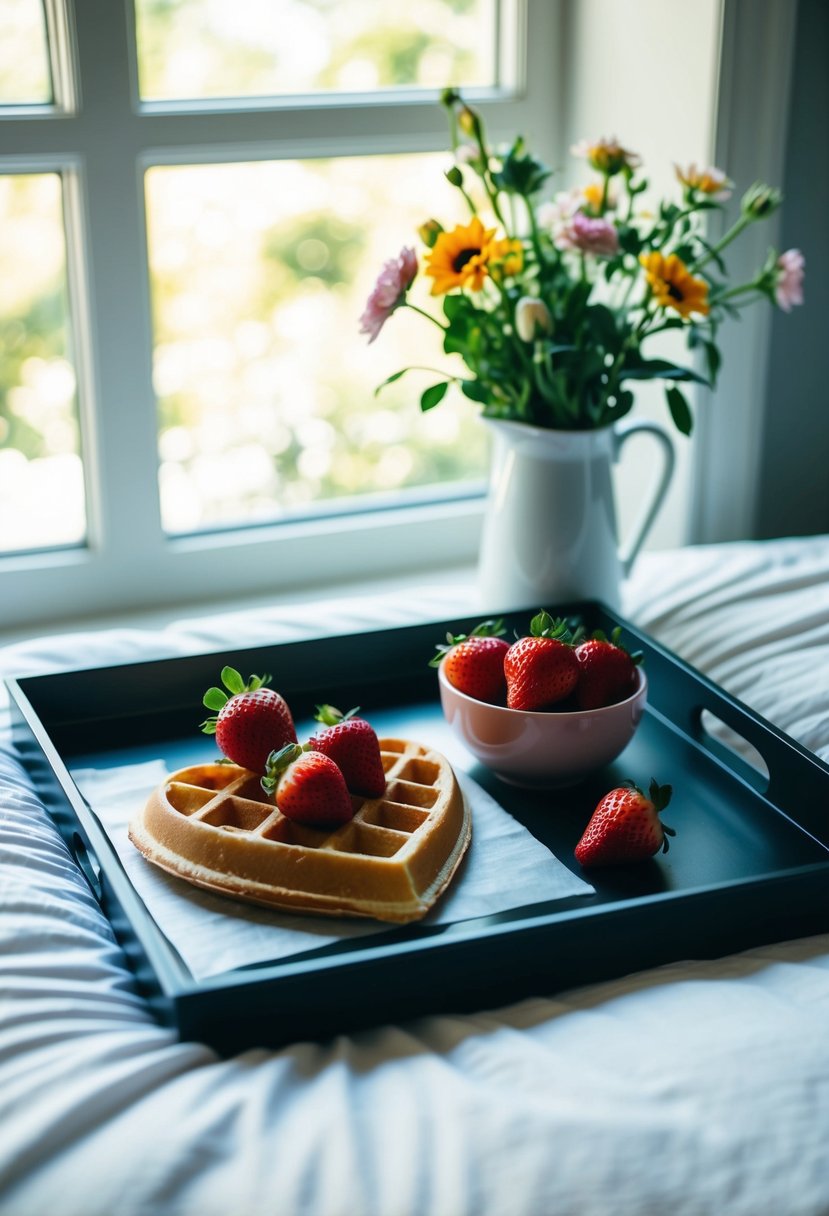 A tray holds a heart-shaped waffle, strawberries, and a vase of flowers. Sunlight streams through a window onto the neatly made bed