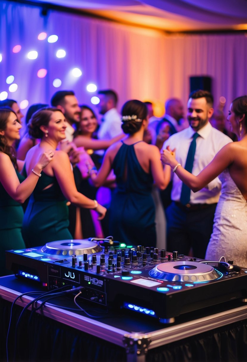 A DJ booth with turntables and a mixer, surrounded by dancing guests and colorful lights at a wedding reception