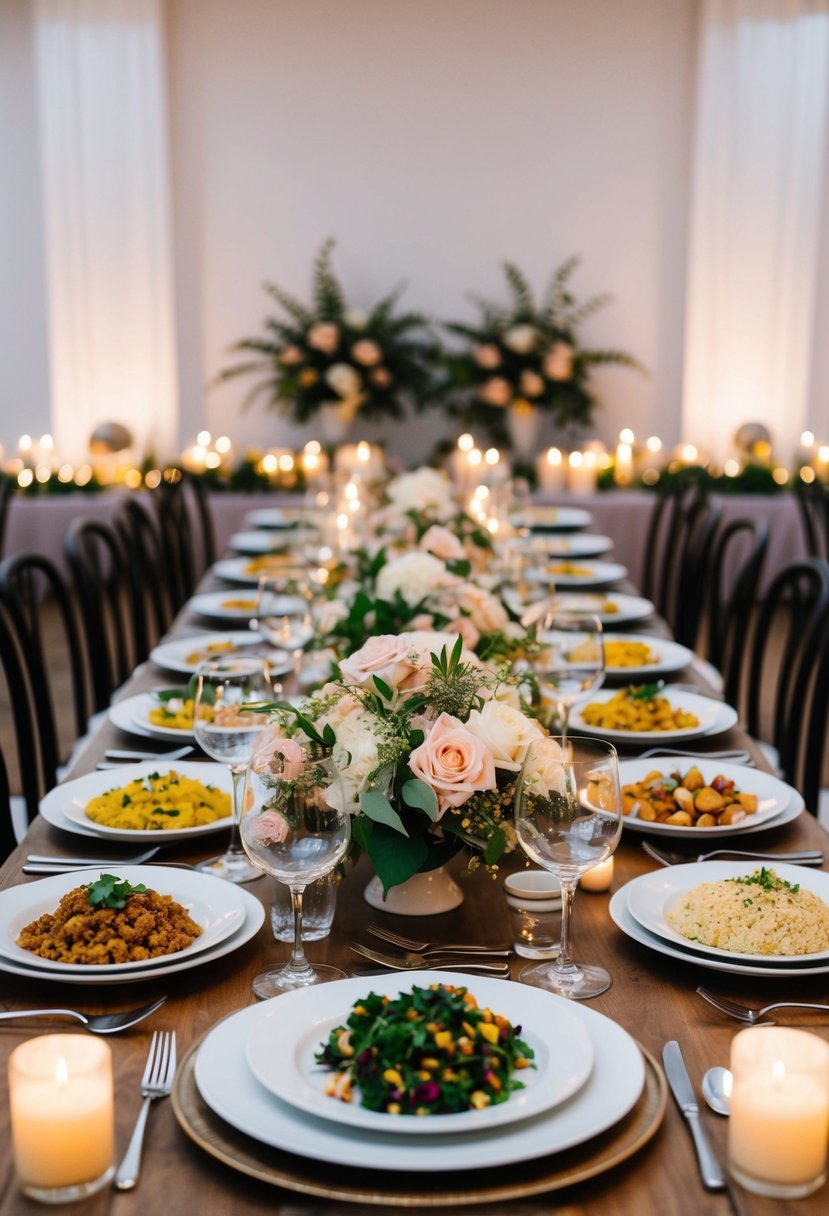 A beautifully set table with an array of dishes - from vegan to gluten-free options - surrounded by elegant floral centerpieces and soft candlelight