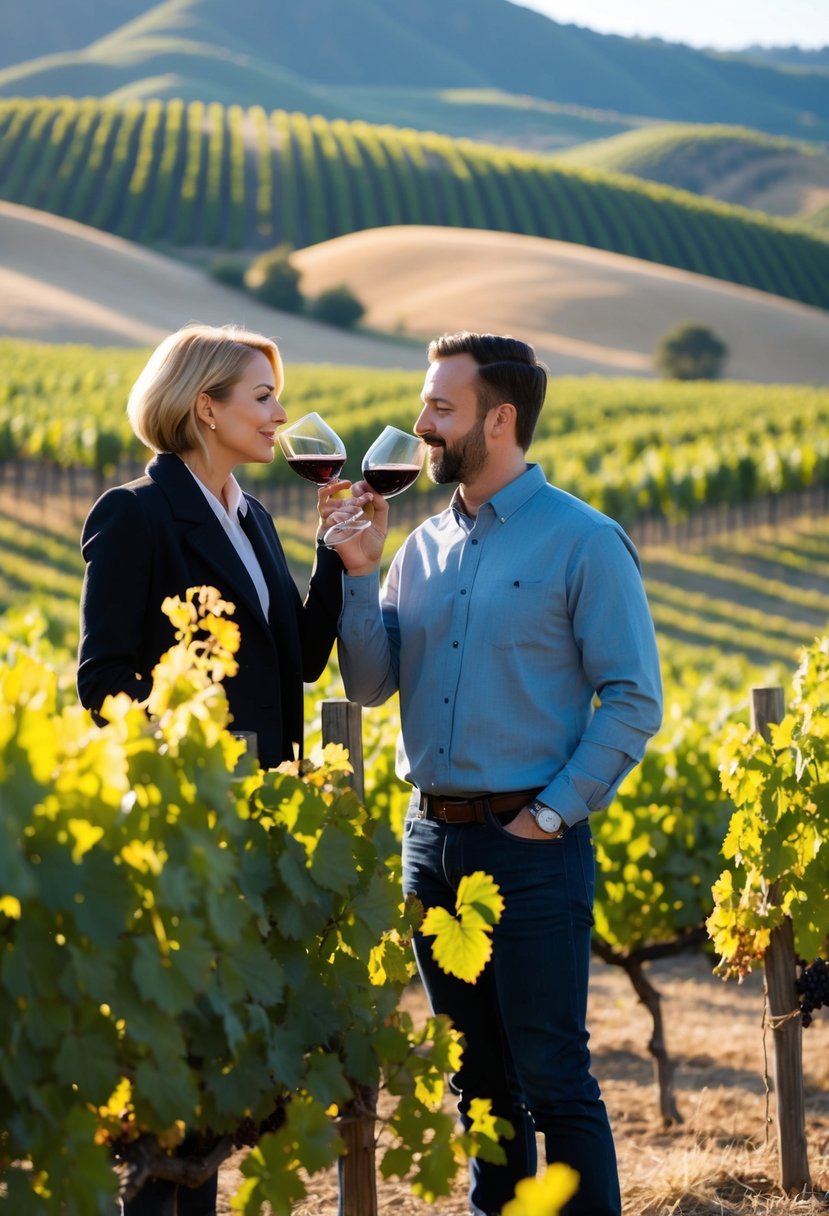 A couple sipping wine at a vineyard, surrounded by rolling hills and grapevines, with a tour guide explaining the different varietals