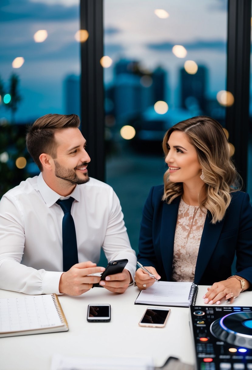 A couple sitting at a table with a calendar, phone, and notebook, discussing wedding details with a DJ