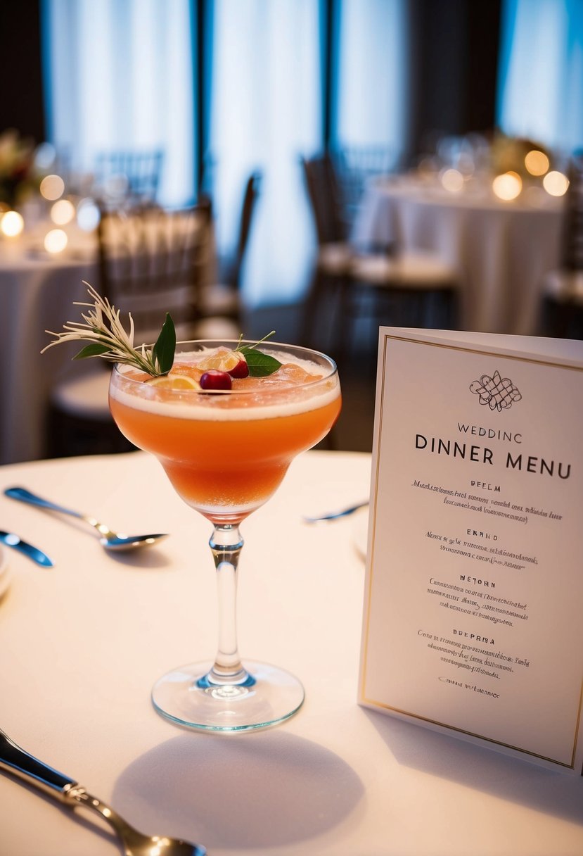 A beautifully garnished cocktail sitting next to an elegant wedding dinner menu